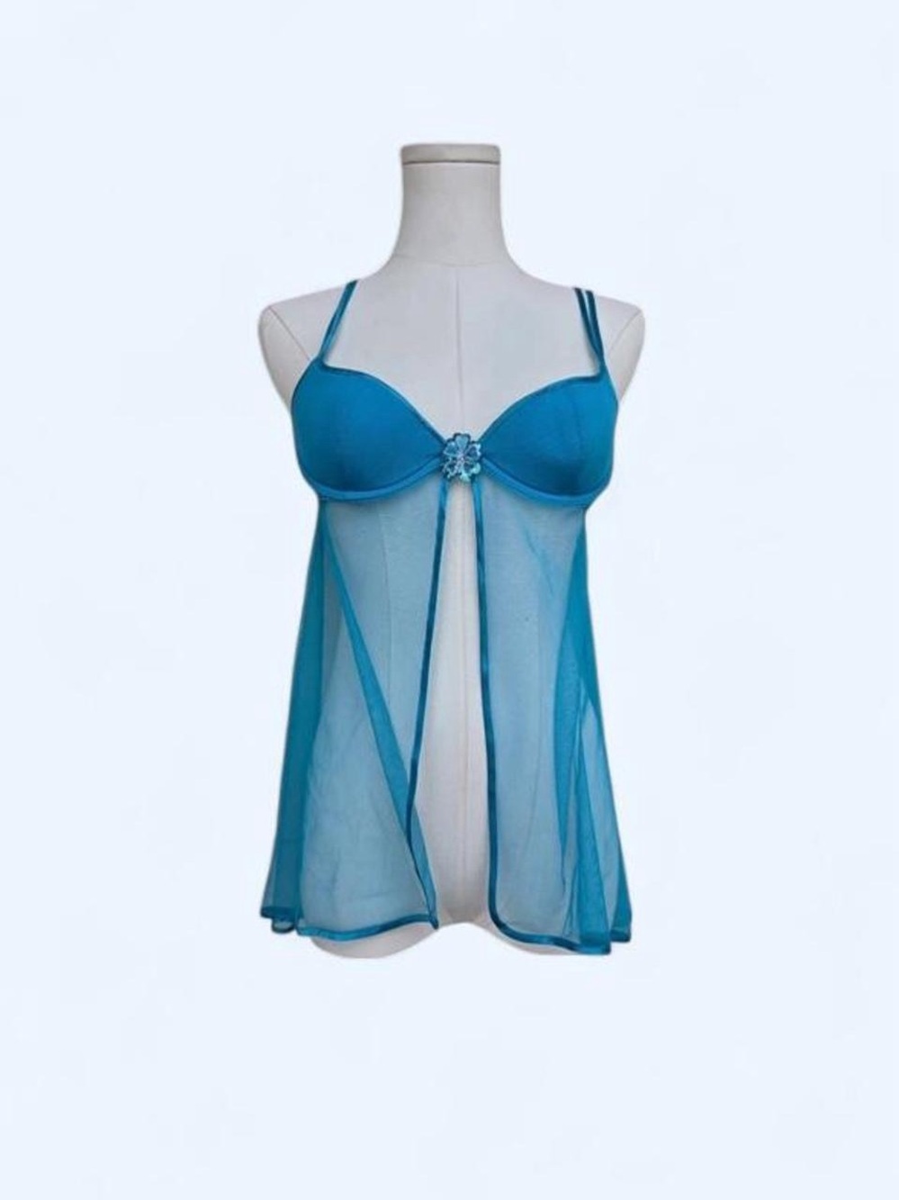 2003 Victorias Secret Teal Babydoll Chemise with Center Floral Accent